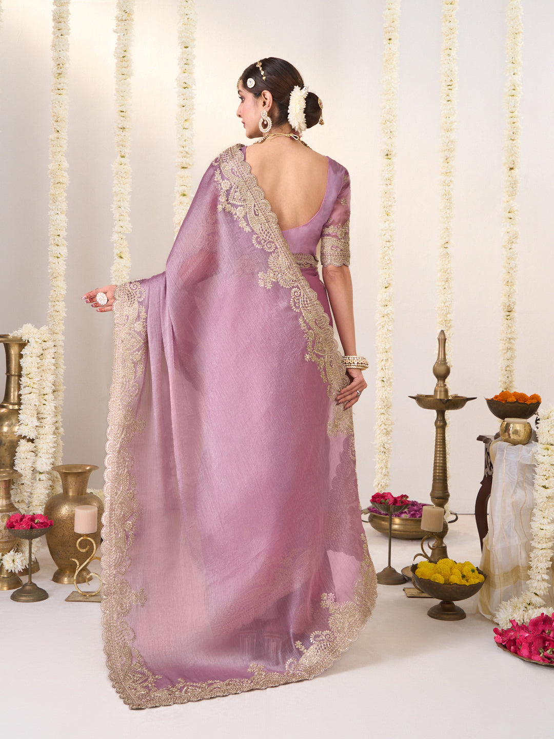 Laxmipati Shatranj Lavender Chiffon Floral Embroidered Saree