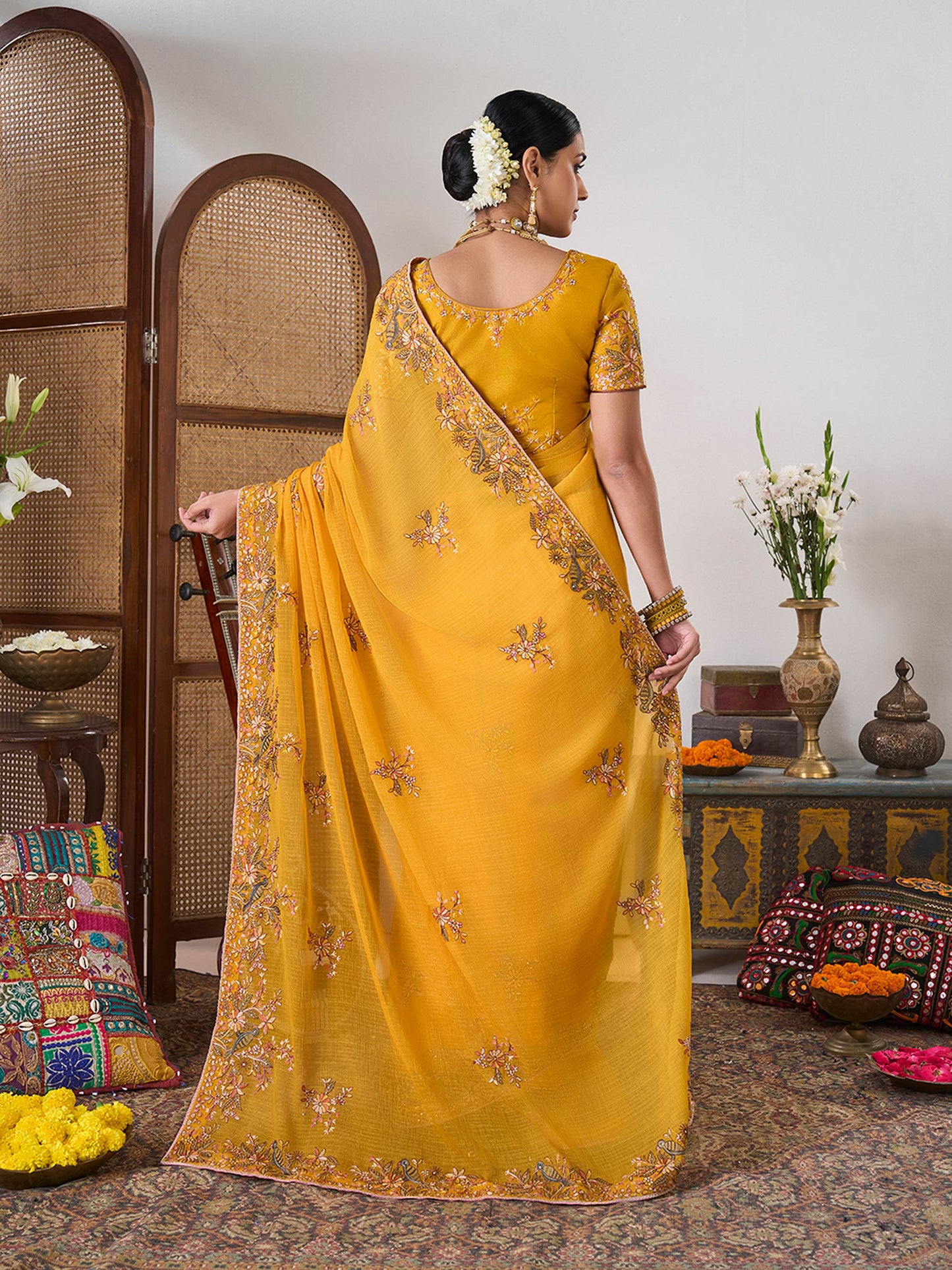 Laxmipati Gajak Yellow Chiffon Floral Embroidered Saree