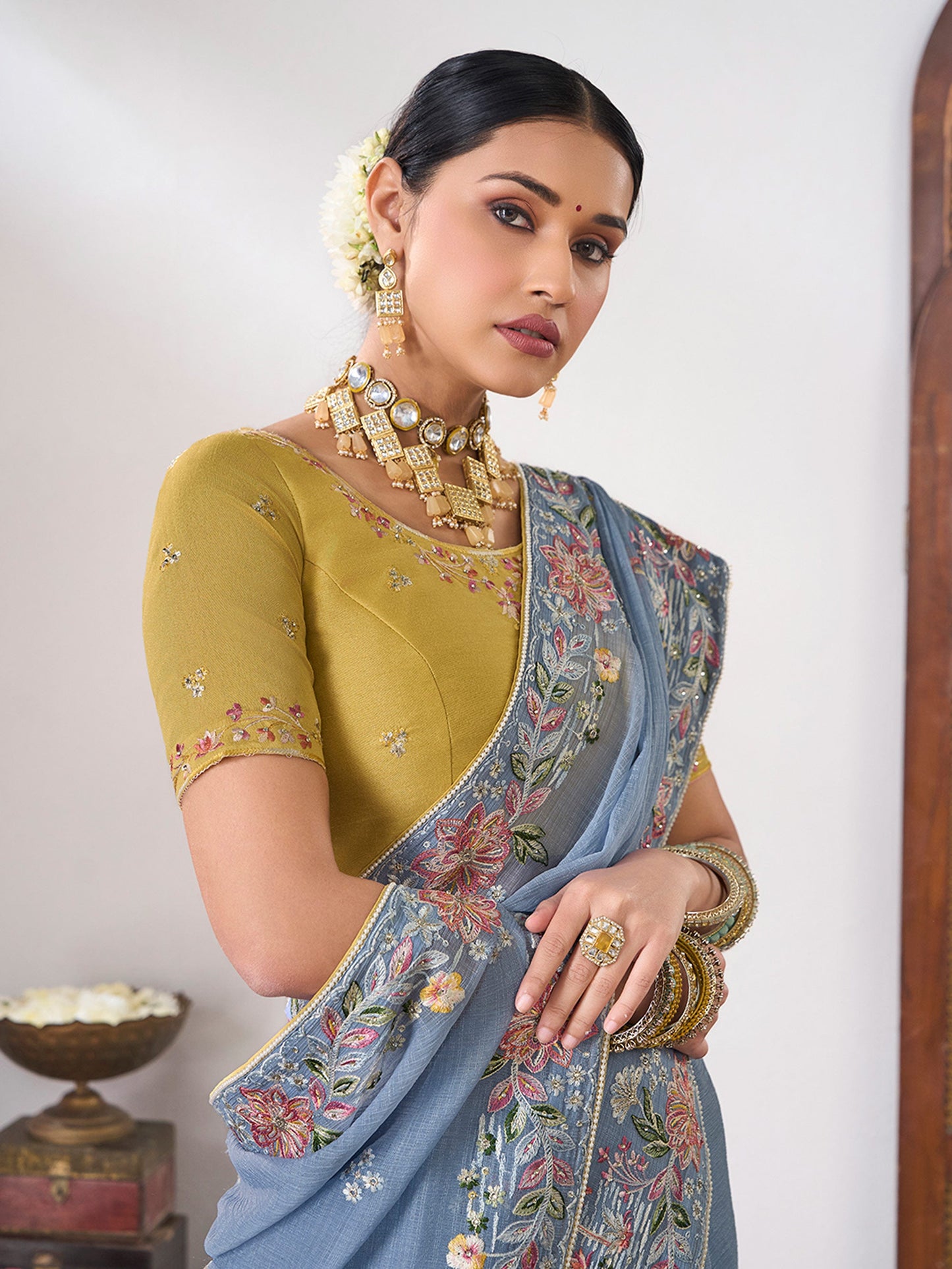 Laxmipati Gajak Blue Chiffon Floral Embroidered Saree