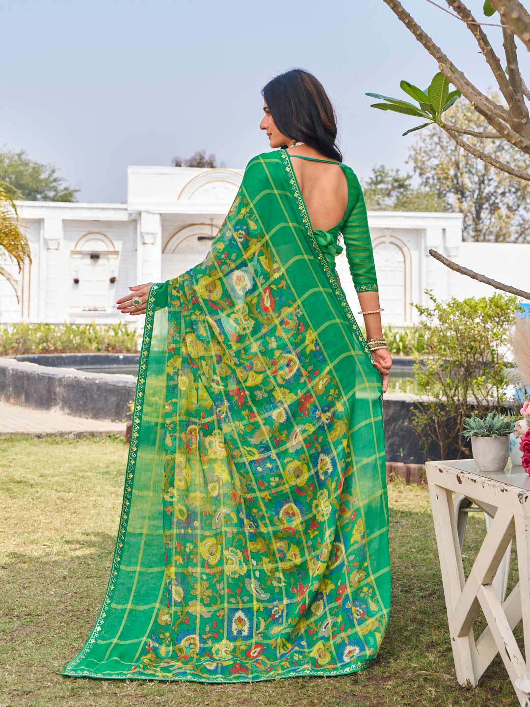 Laxmipati Ghazal Green Chiffon Floral Printed Saree