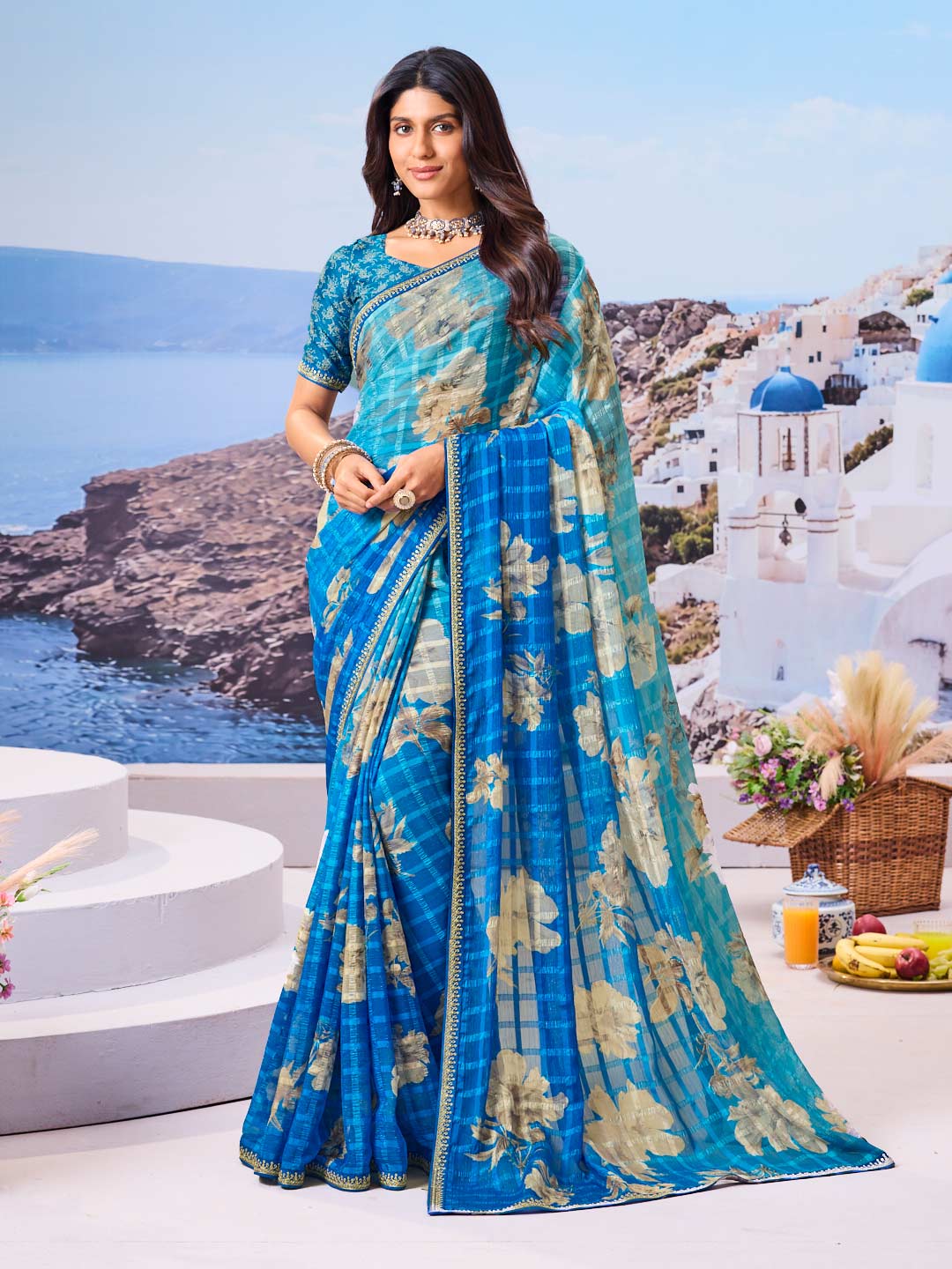 Laxmipati Nazar Blue Chiffon Floral Printed Saree