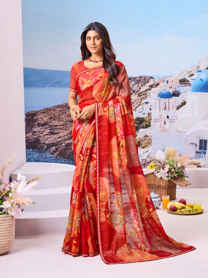 Laxmipati Nazar Red Chiffon Floral Printed Saree