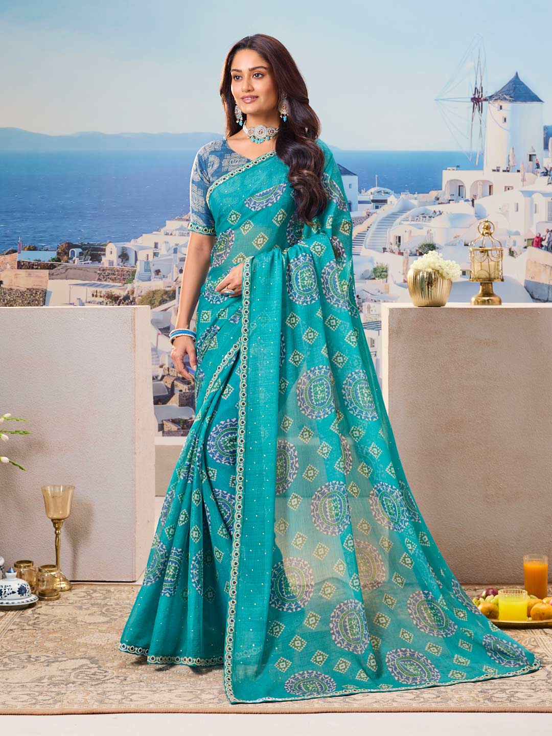Laxmipati Nazar Blue Chiffon Floral Printed Saree