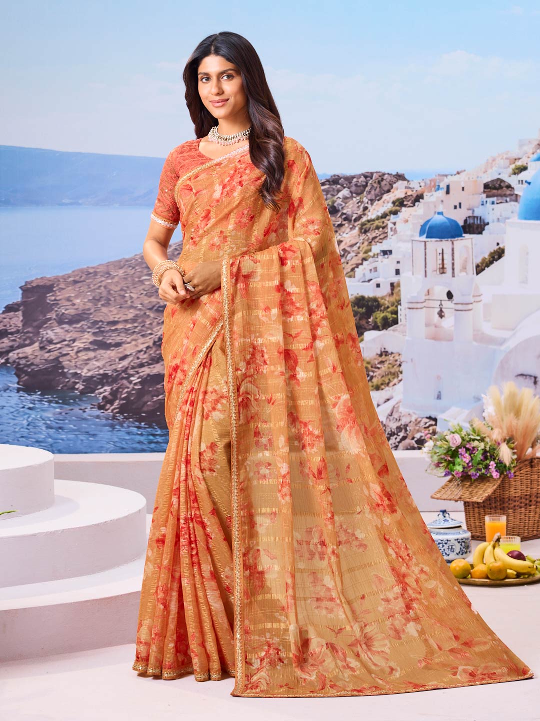Laxmipati Nazar Brown Chiffon Floral Printed Saree