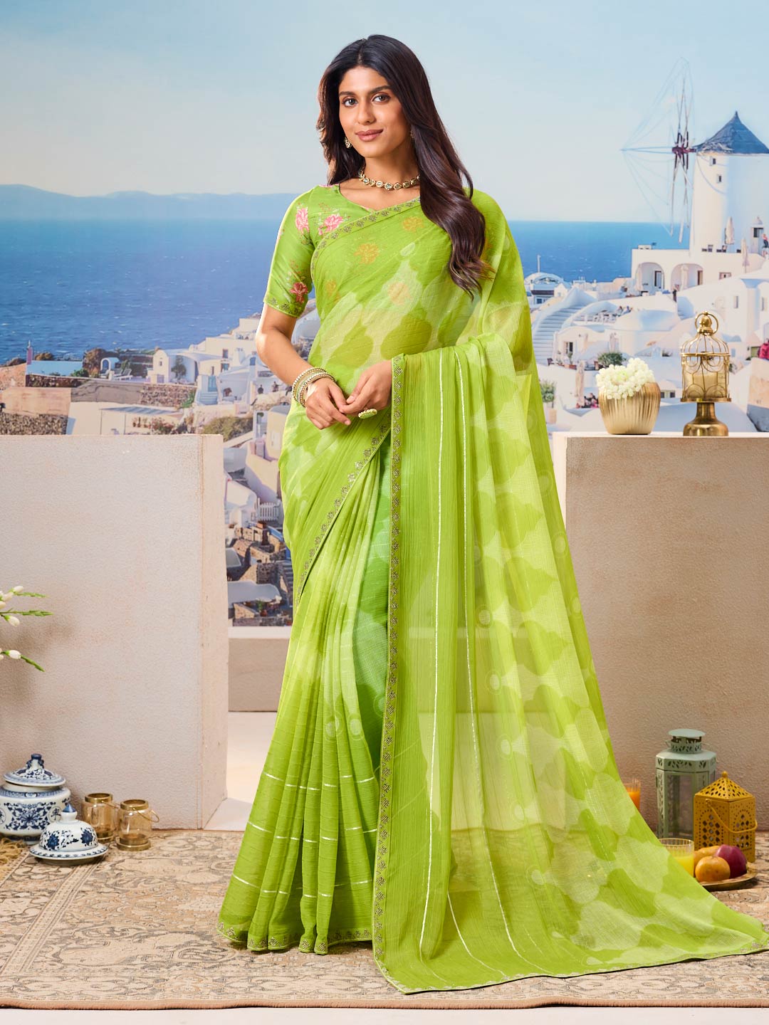 Laxmipati Nazar Green Chiffon Floral Printed Saree