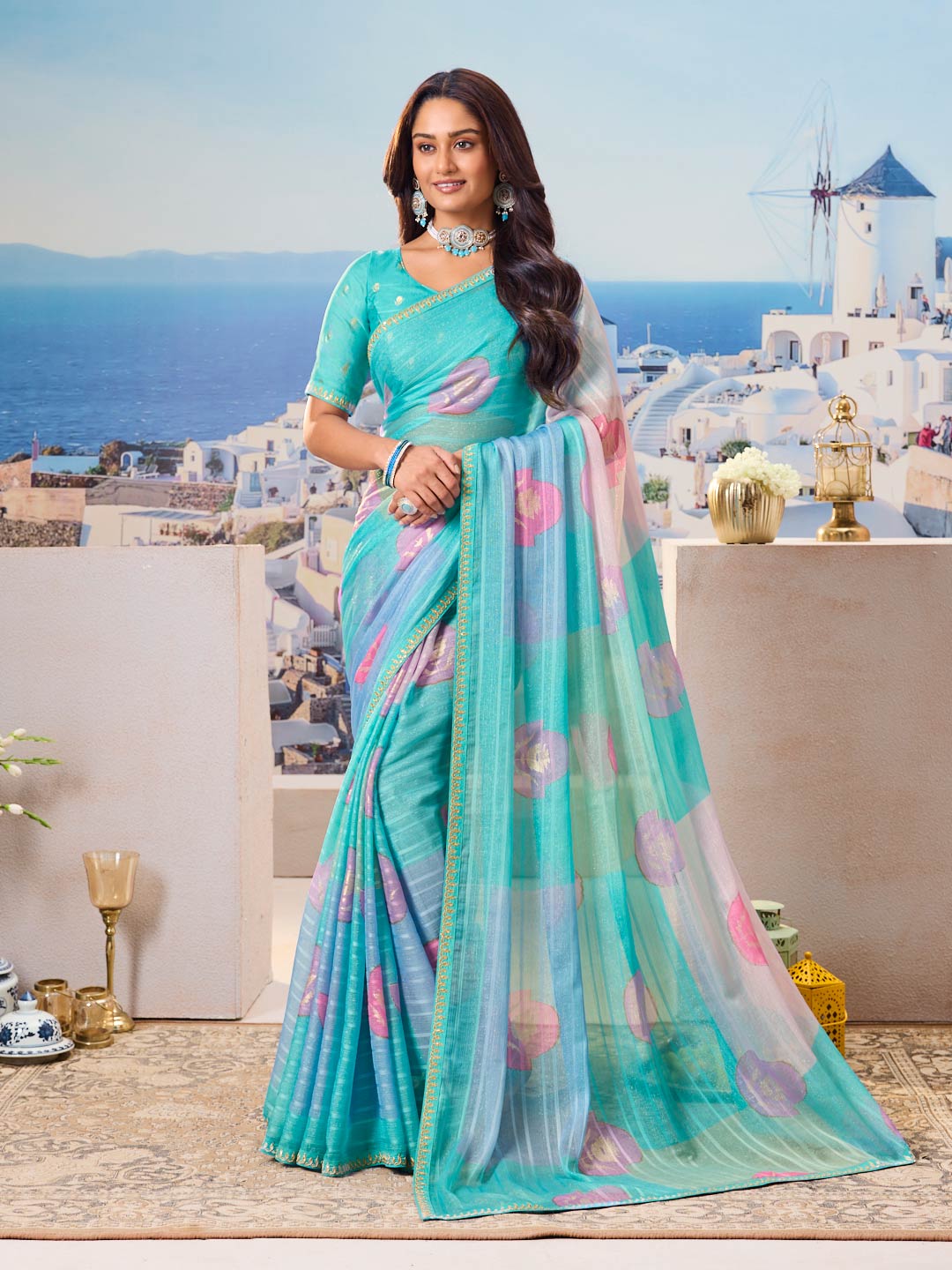 Laxmipati Nazar Blue Chiffon Floral Printed Saree