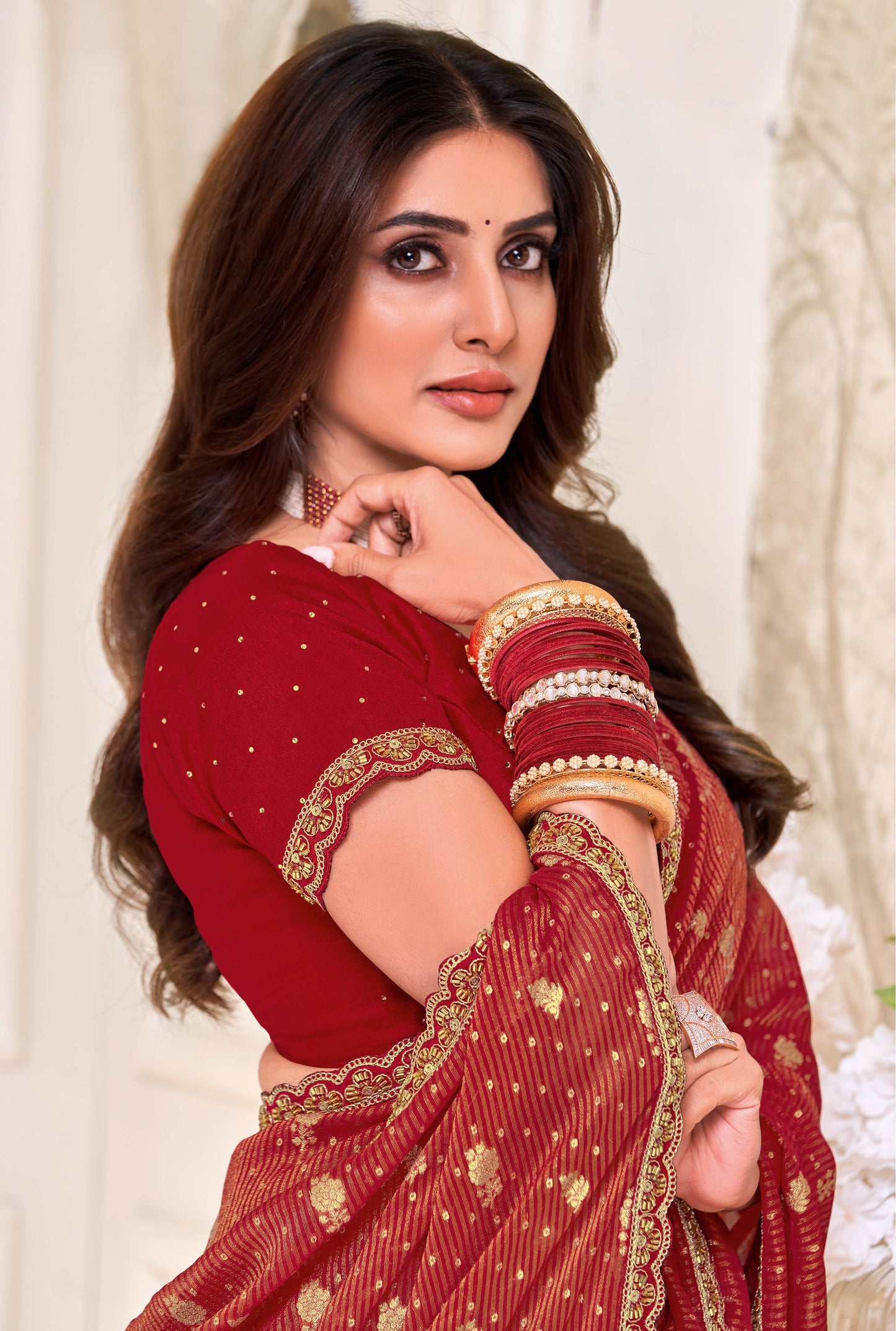 Laxmipati Totapuri Red Chiffon Floral Foil Work Embroidered Saree