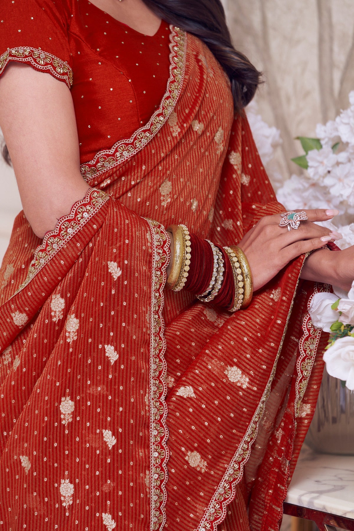 Laxmipati Totapuri Red Chiffon Floral Foil Work Embroidered Saree