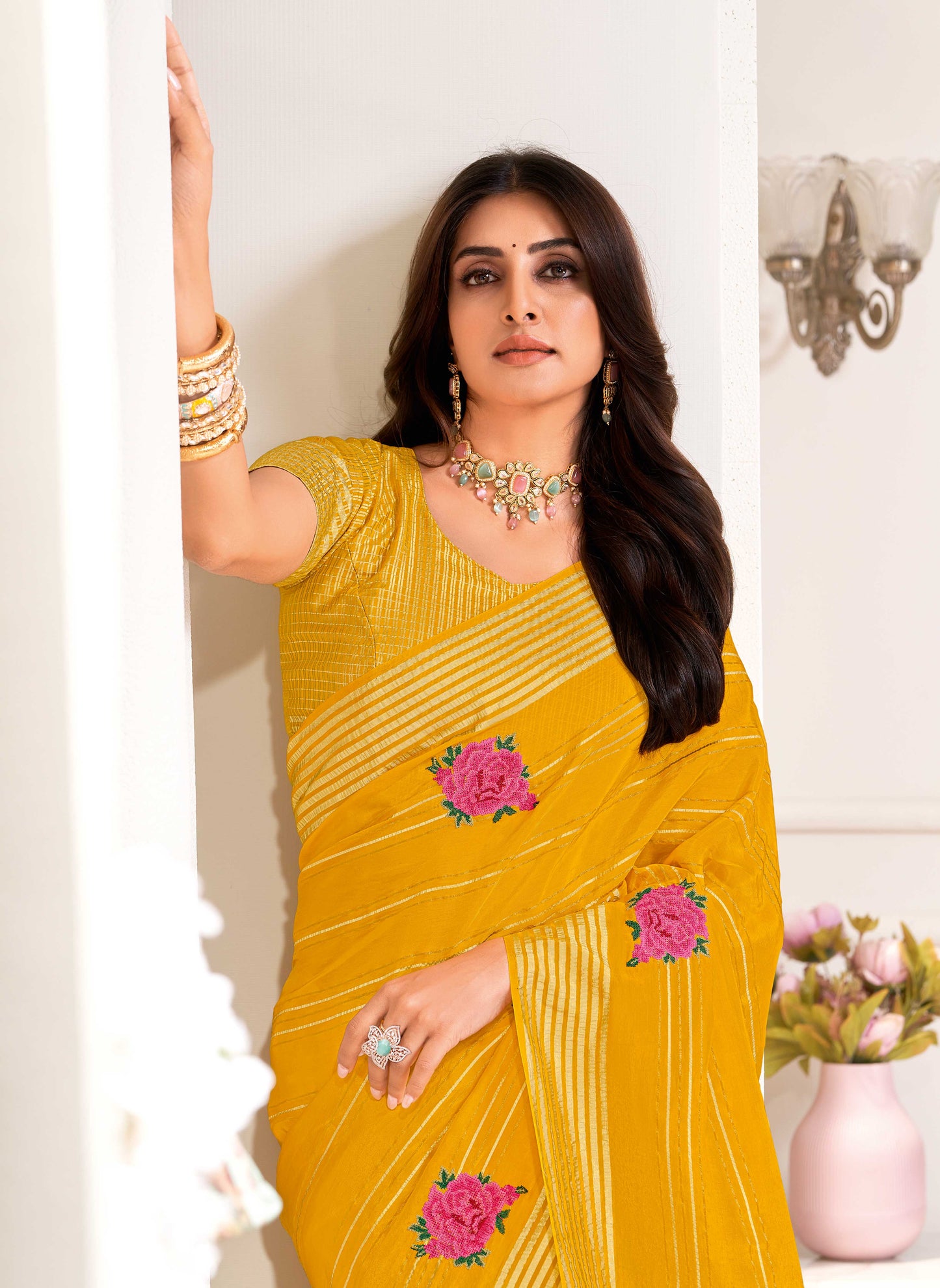 Laxmipati Totapuri Yellow Chiffon Floral Embroidered Saree