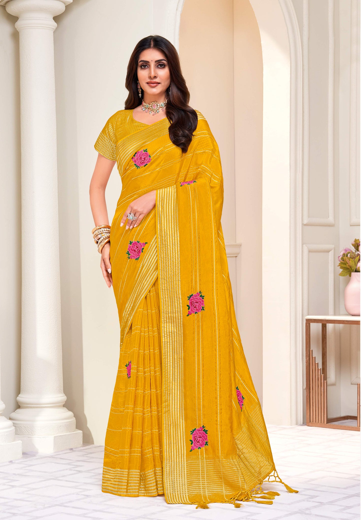 Laxmipati Totapuri Yellow Chiffon Floral Embroidered Saree
