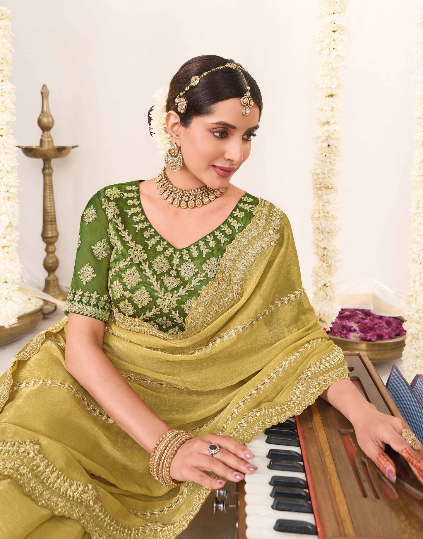 Laxmipati Shatranj Olive Green Chiffon Floral Embroidered Saree