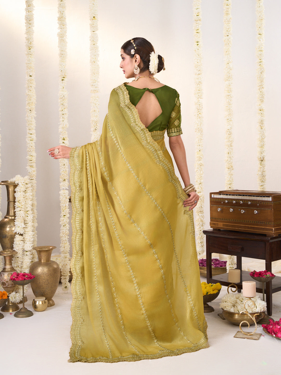 Laxmipati Shatranj Olive Green Chiffon Floral Embroidered Saree
