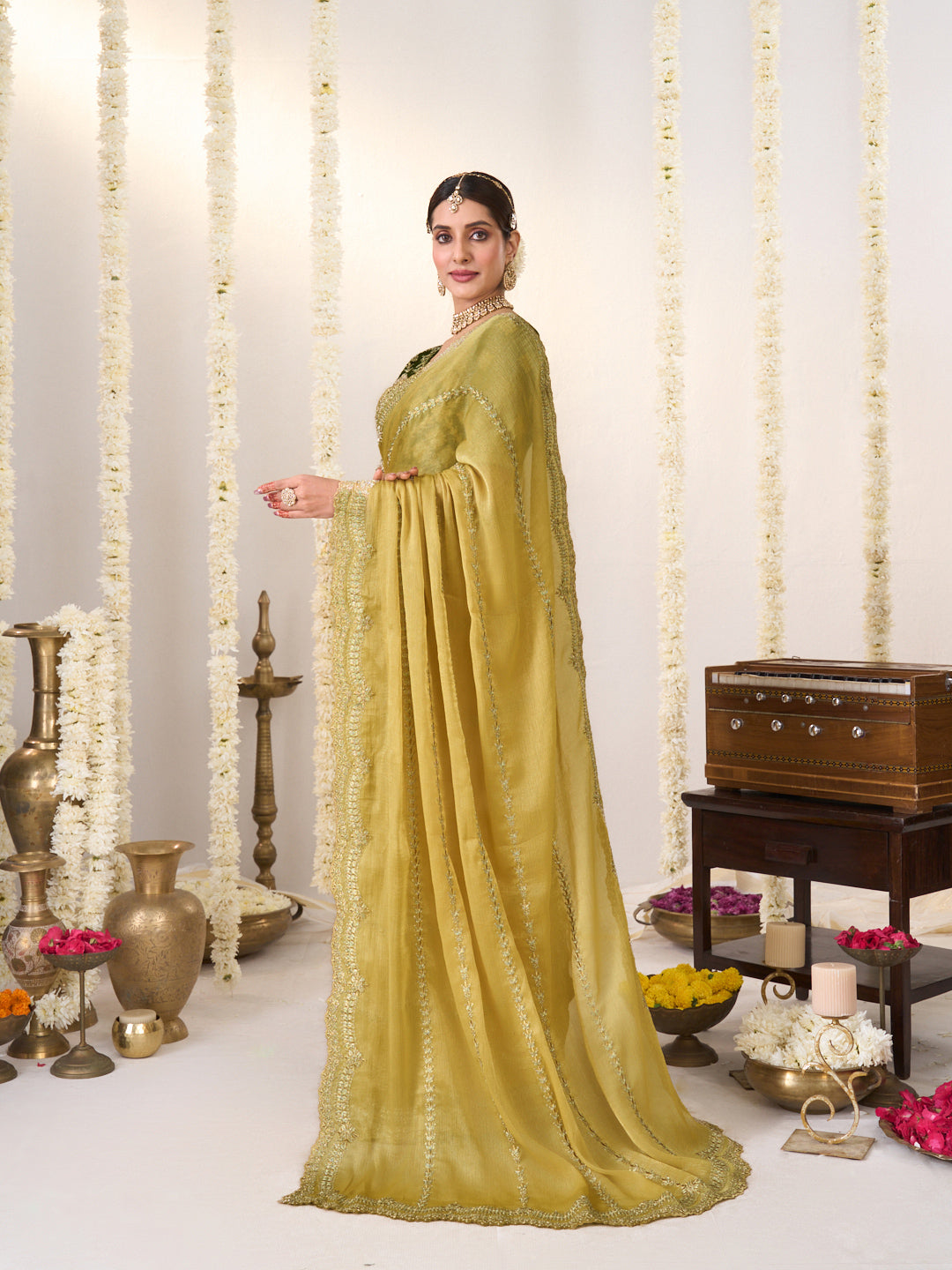 Laxmipati Shatranj Olive Green Chiffon Floral Embroidered Saree