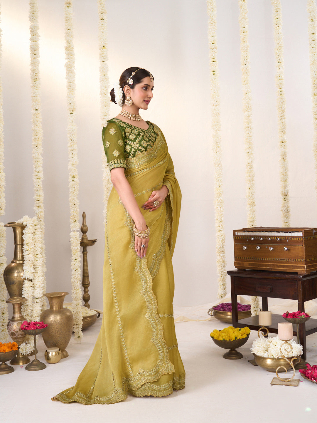 Laxmipati Shatranj Olive Green Chiffon Floral Embroidered Saree