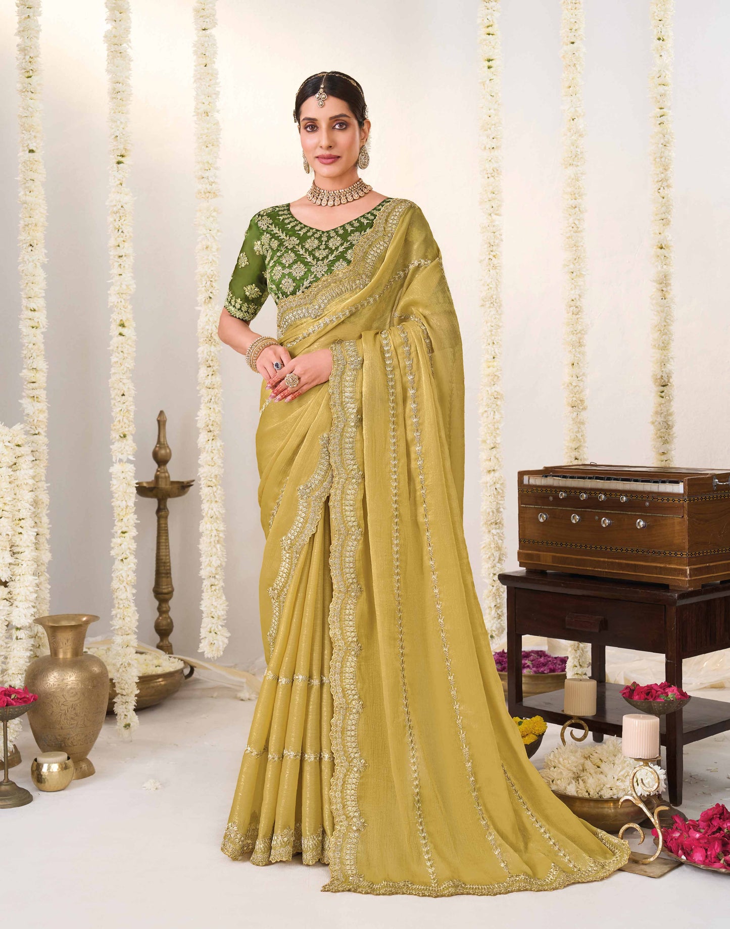 Laxmipati Shatranj Olive Green Chiffon Floral Embroidered Saree