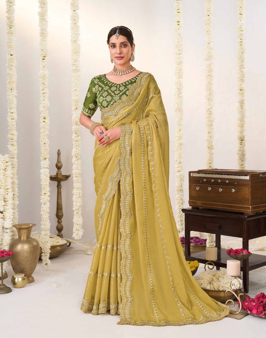 Laxmipati Shatranj Olive Green Chiffon Floral Embroidered Saree