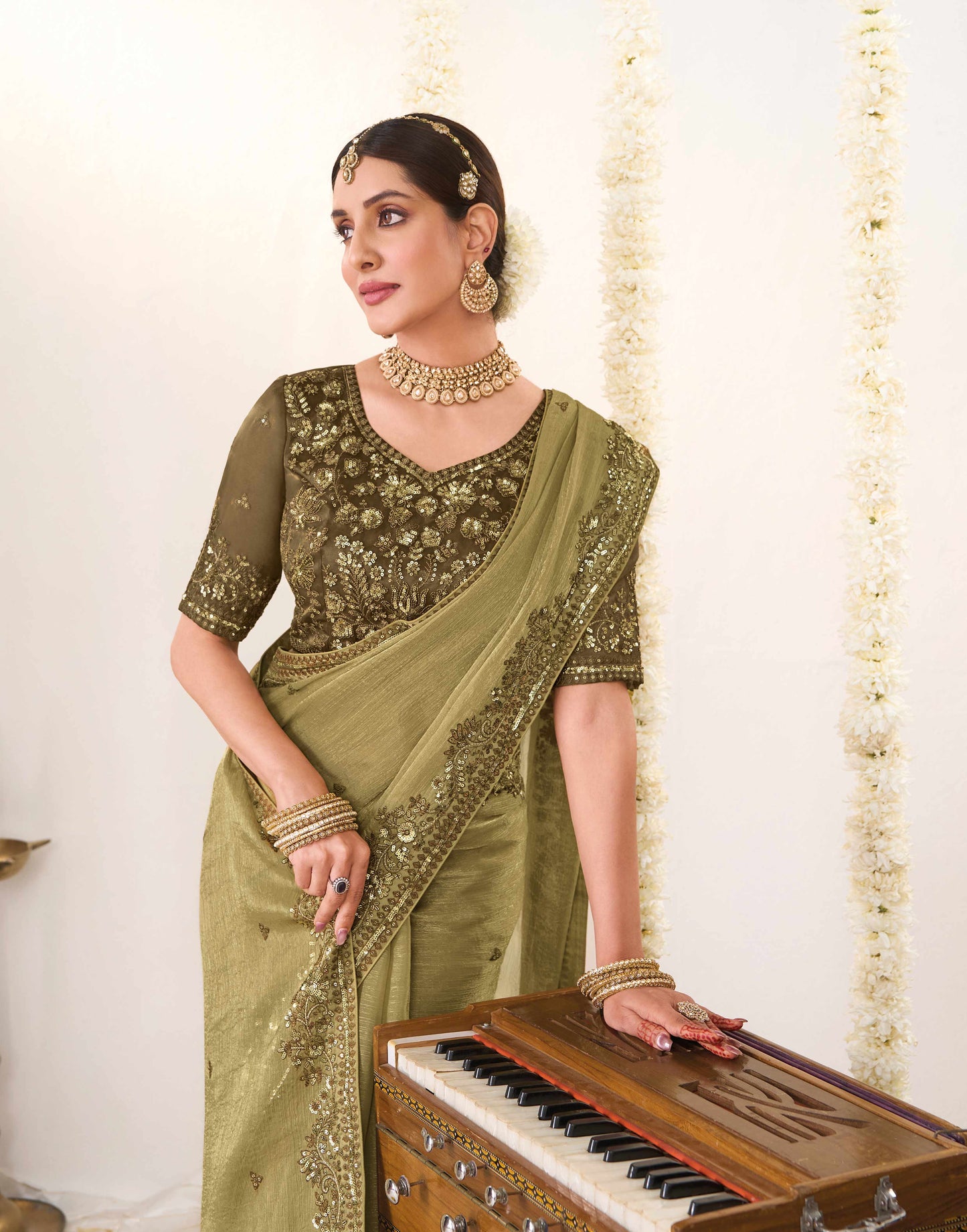 Laxmipati Shatranj Brown Chiffon Floral Embroidered Saree
