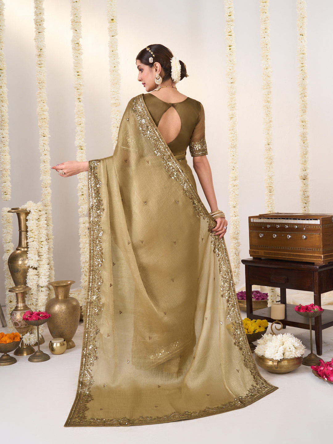 Laxmipati Shatranj Brown Chiffon Floral Embroidered Saree