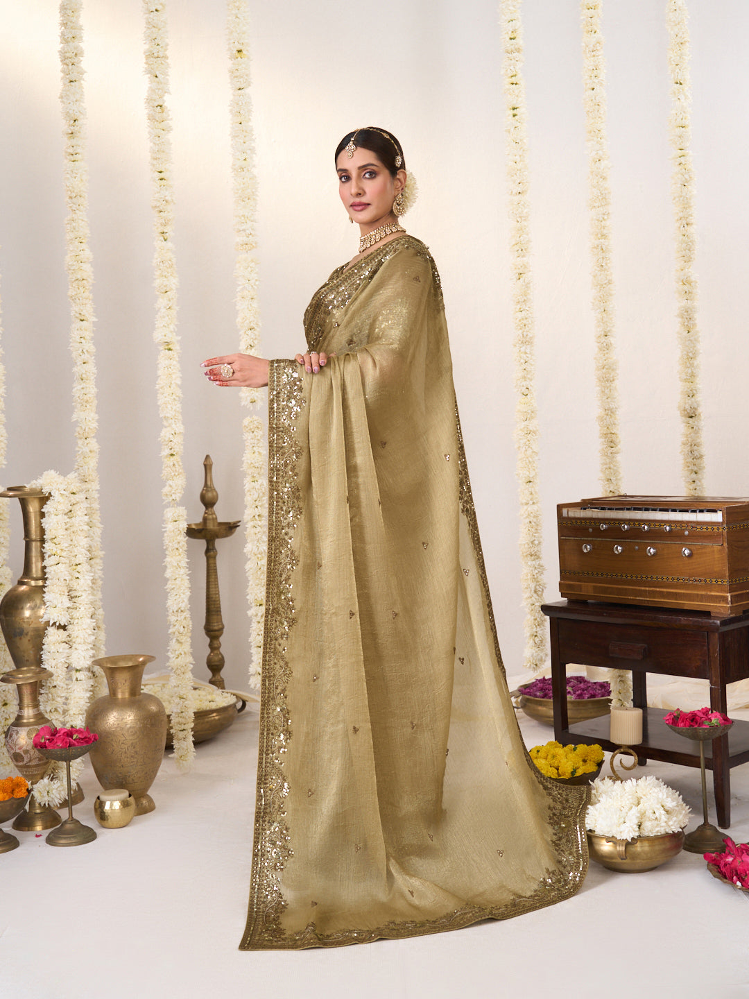 Laxmipati Shatranj Brown Chiffon Floral Embroidered Saree