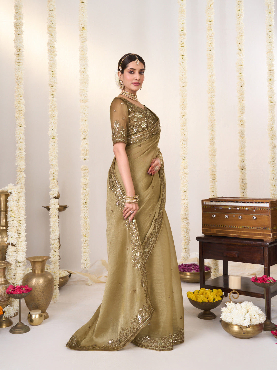 Laxmipati Shatranj Brown Chiffon Floral Embroidered Saree