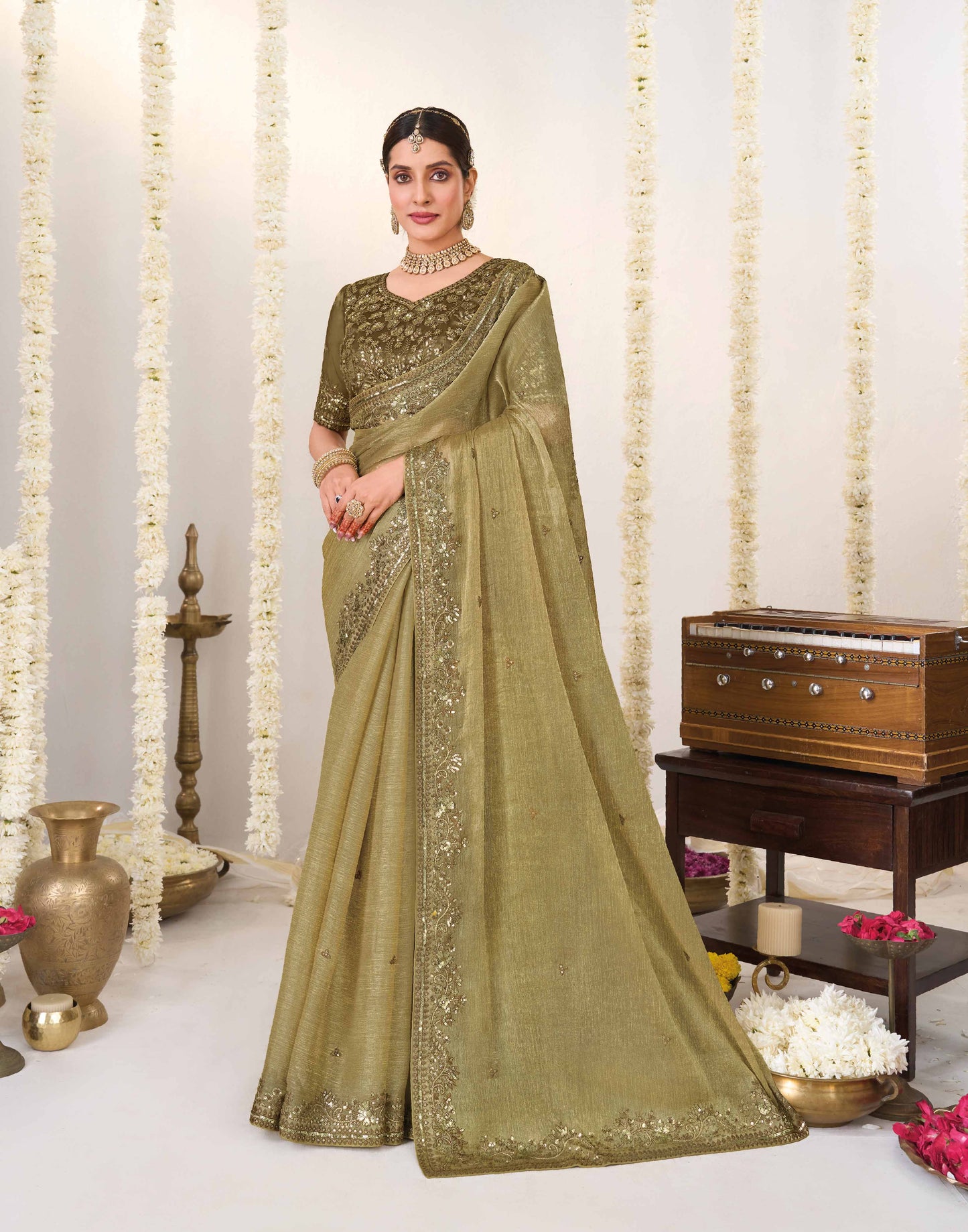 Laxmipati Shatranj Brown Chiffon Floral Embroidered Saree