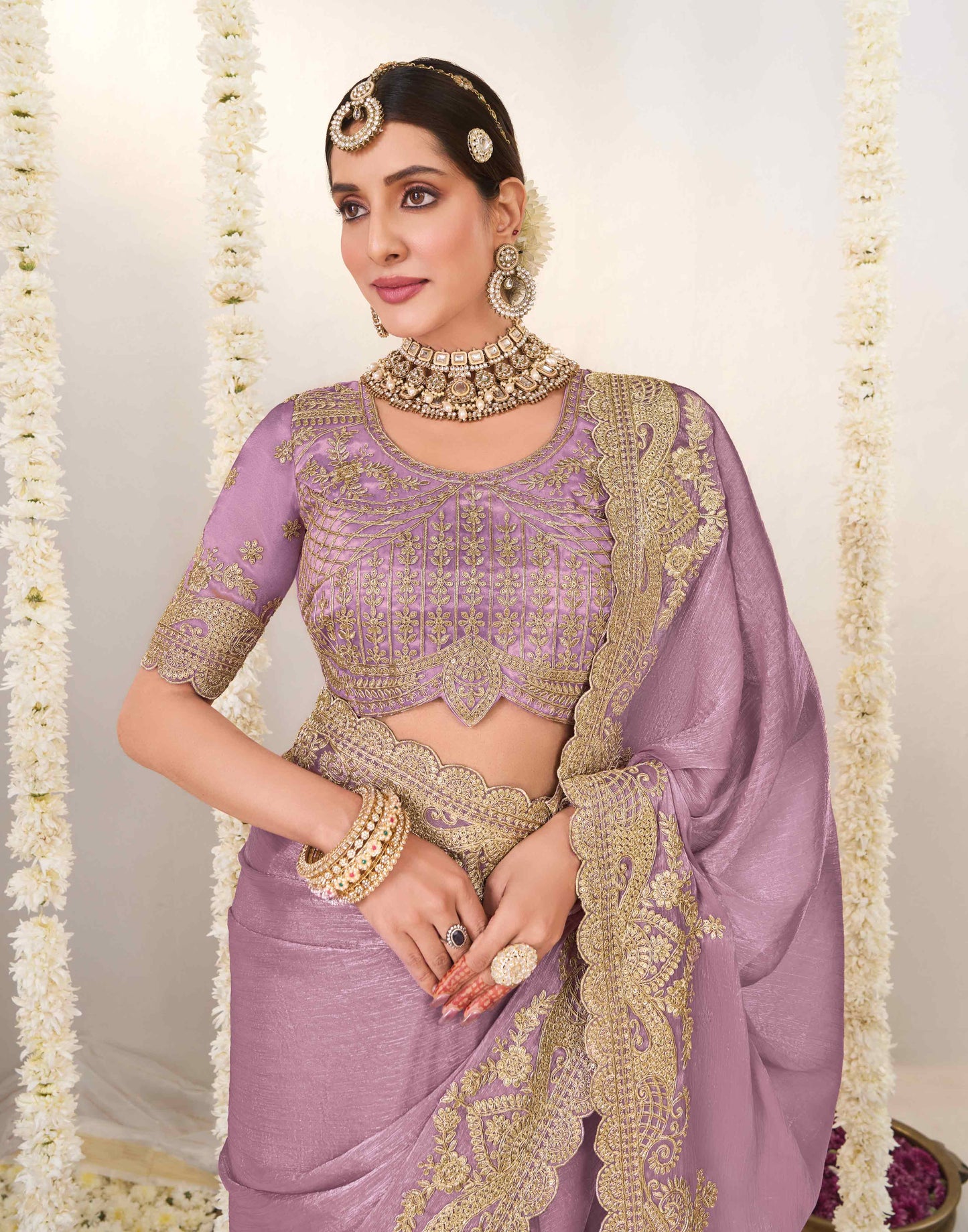Laxmipati Shatranj Lavender Chiffon Floral Embroidered Saree
