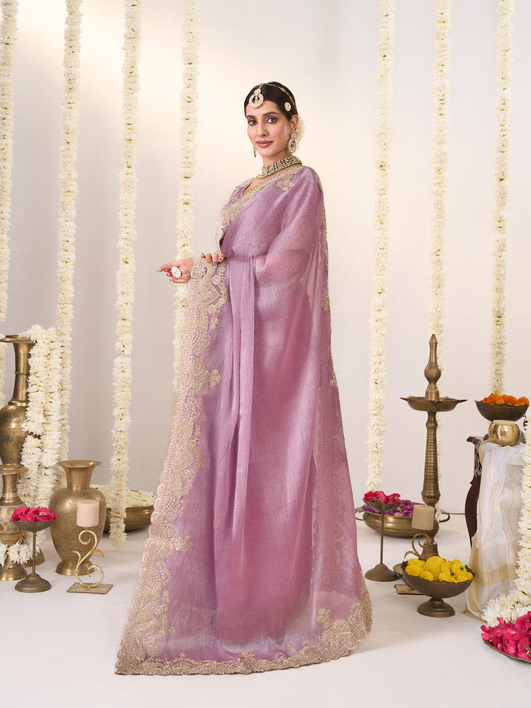 Laxmipati Shatranj Lavender Chiffon Floral Embroidered Saree