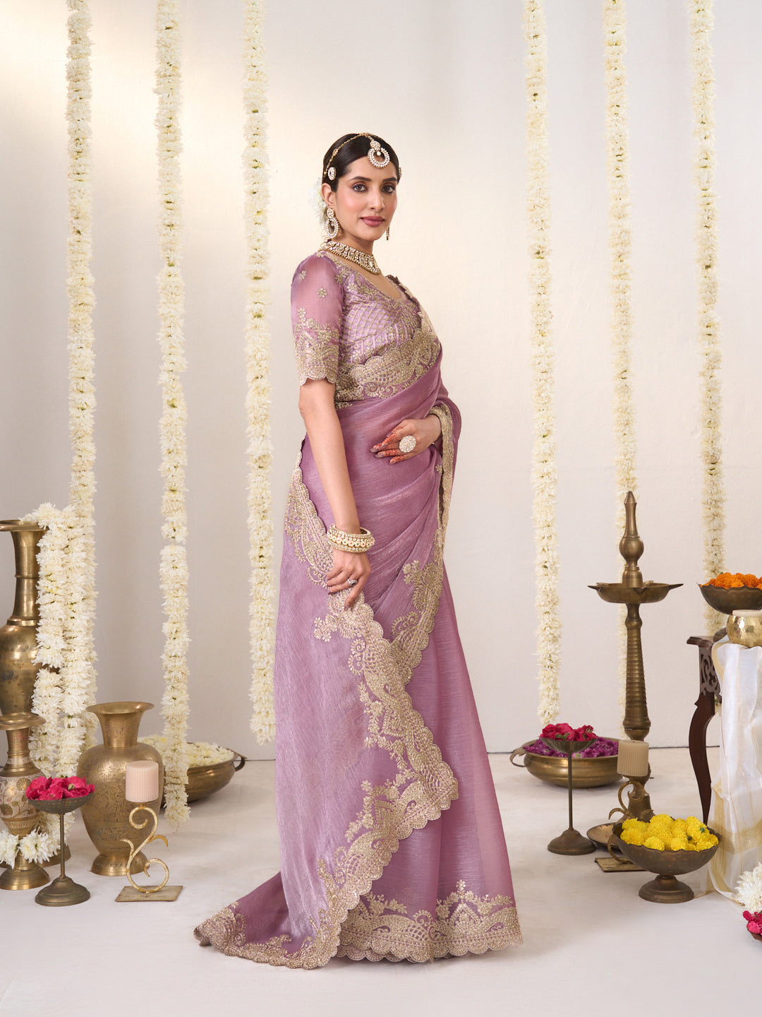Laxmipati Shatranj Lavender Chiffon Floral Embroidered Saree