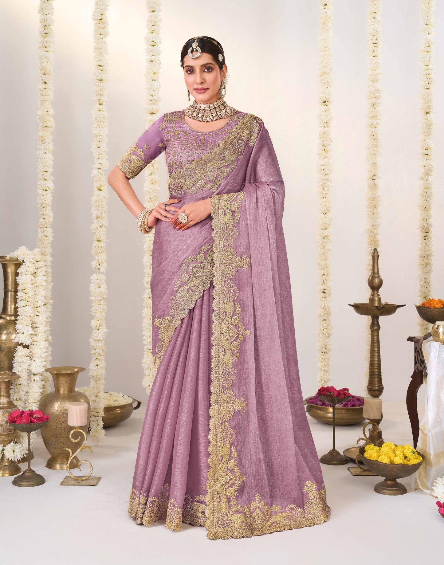 Laxmipati Shatranj Lavender Chiffon Floral Embroidered Saree