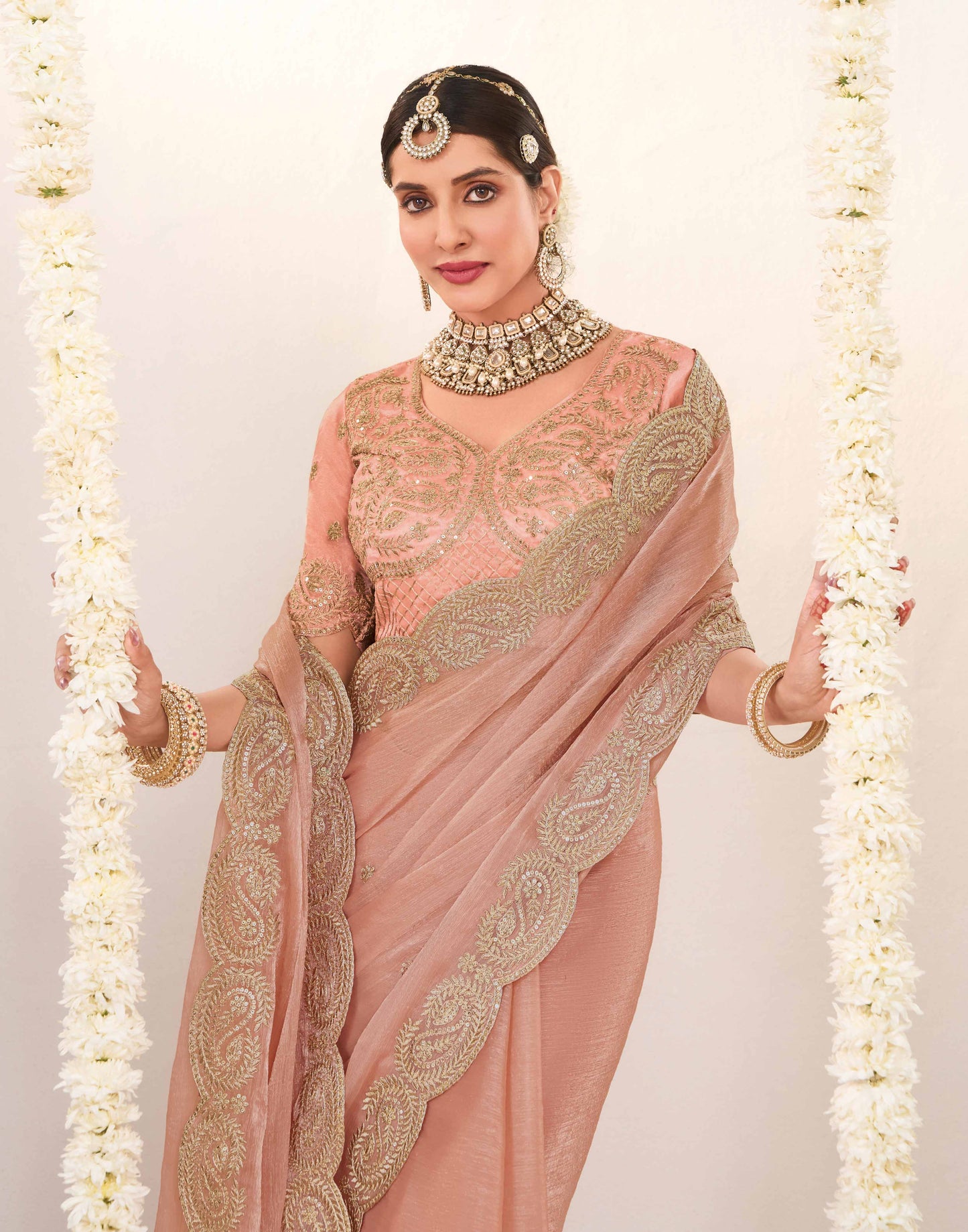Laxmipati Shatranj Peach Chiffon Floral Embroidered Saree