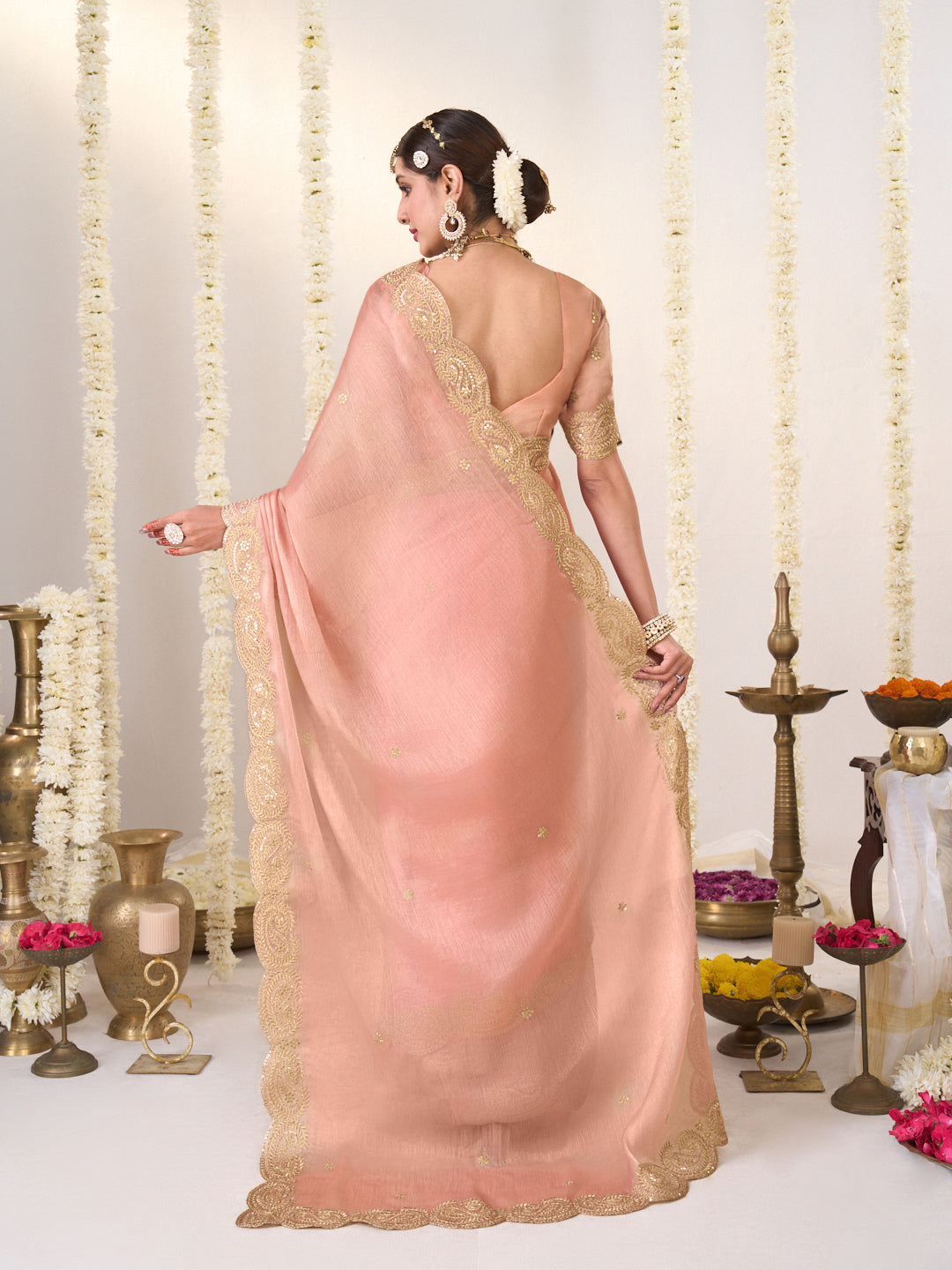Laxmipati Shatranj Peach Chiffon Floral Embroidered Saree