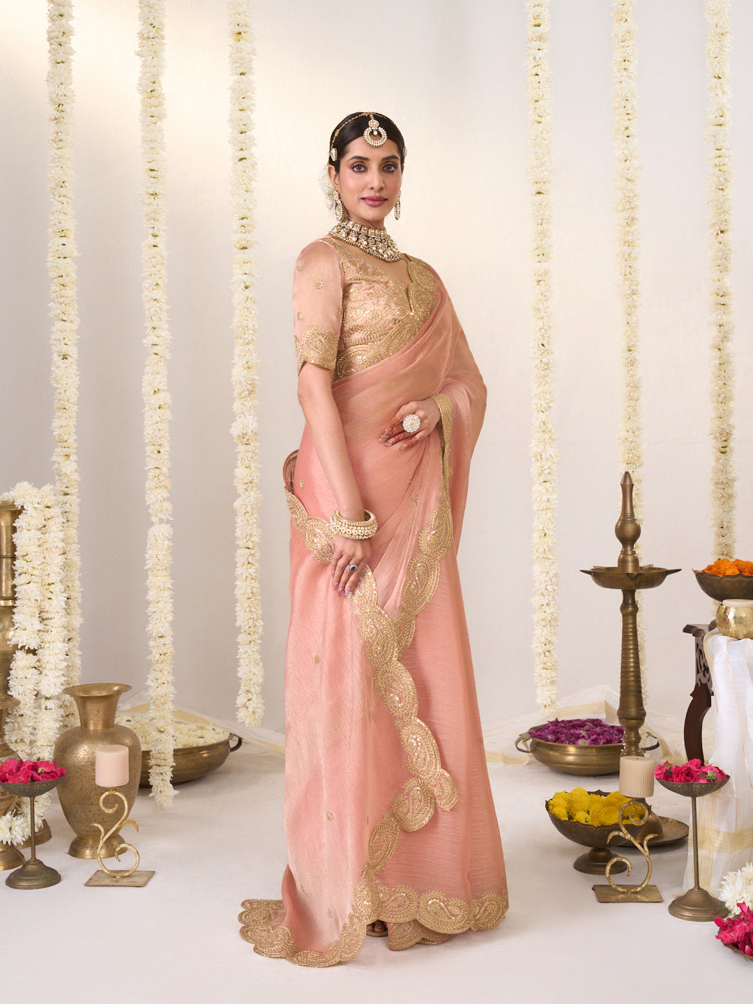 Laxmipati Shatranj Peach Chiffon Floral Embroidered Saree