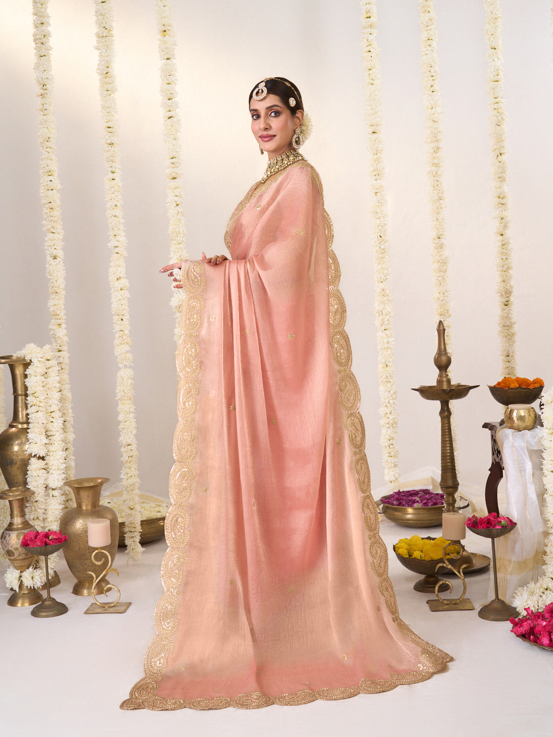 Laxmipati Shatranj Peach Chiffon Floral Embroidered Saree