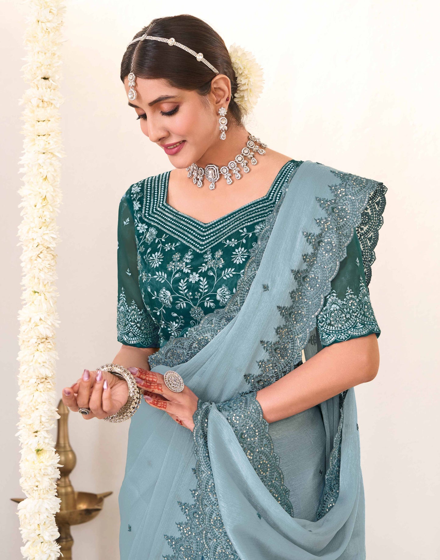 Laxmipati Shatranj Blue Chiffon Floral Embroidered Saree