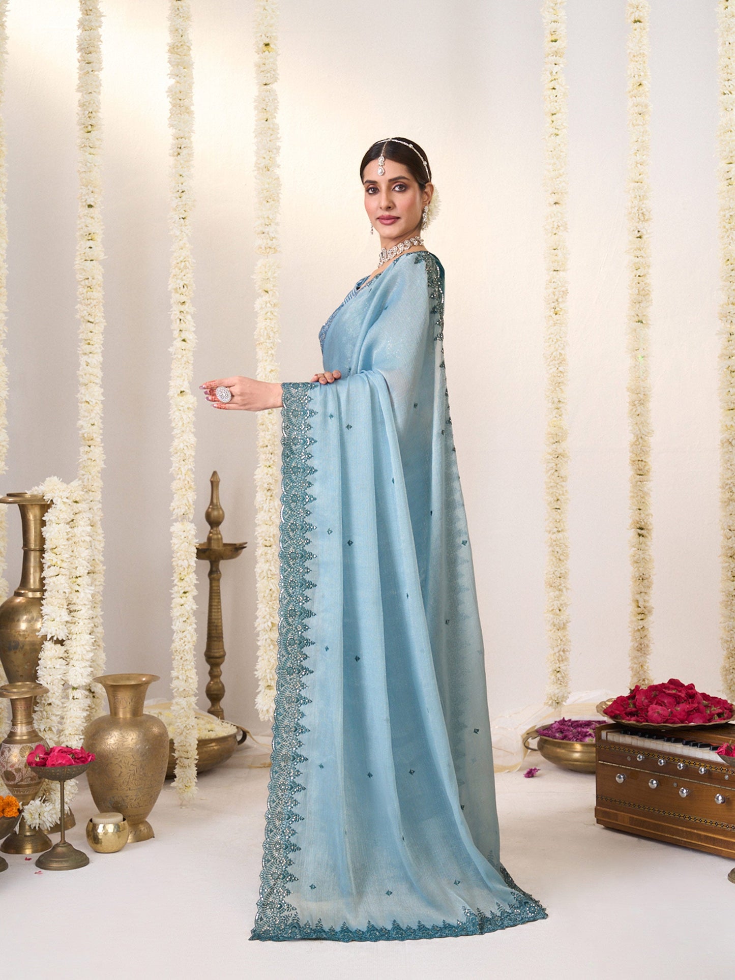 Laxmipati Shatranj Blue Chiffon Floral Embroidered Saree