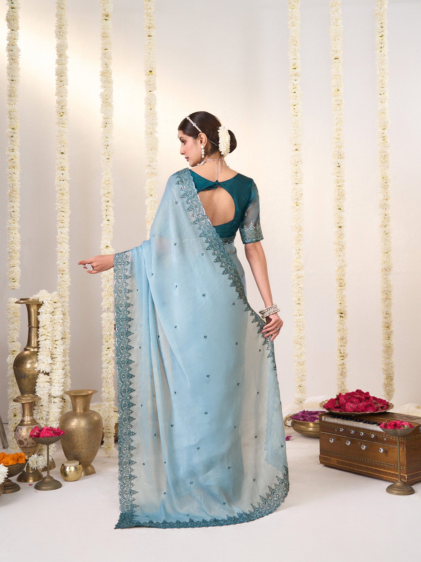 Laxmipati Shatranj Blue Chiffon Floral Embroidered Saree