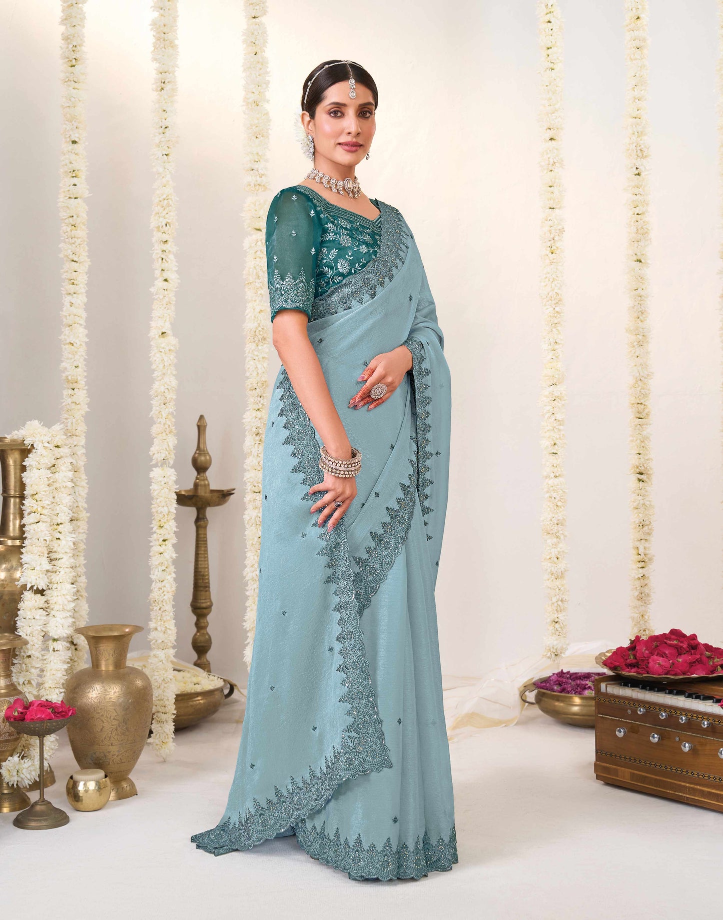 Laxmipati Shatranj Blue Chiffon Floral Embroidered Saree