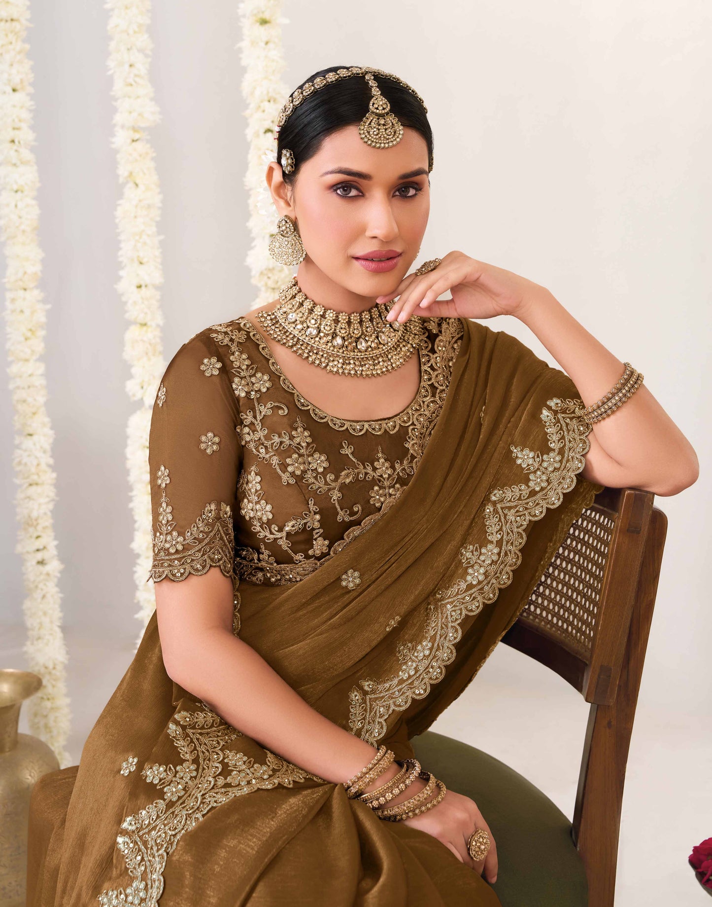 Laxmipati Shatranj Brown Chiffon Floral Embroidered Saree