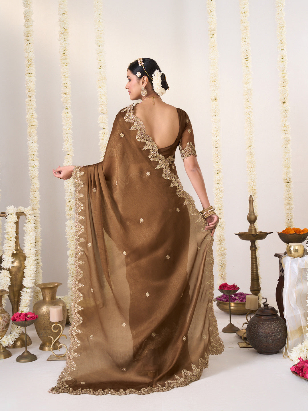 Laxmipati Shatranj Brown Chiffon Floral Embroidered Saree