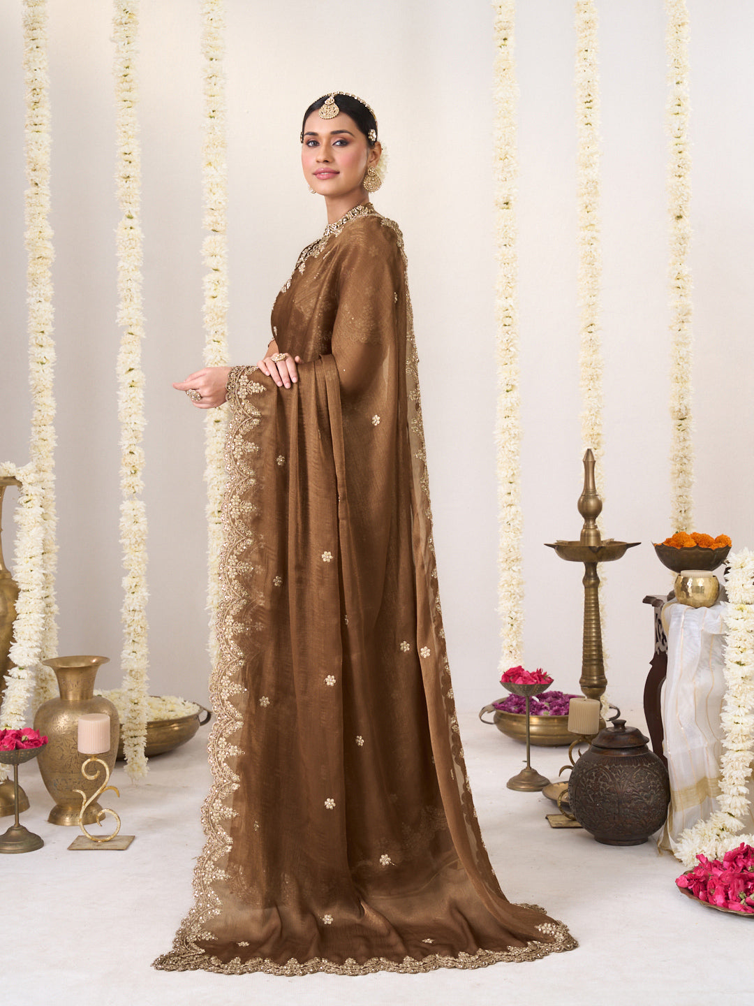 Laxmipati Shatranj Brown Chiffon Floral Embroidered Saree