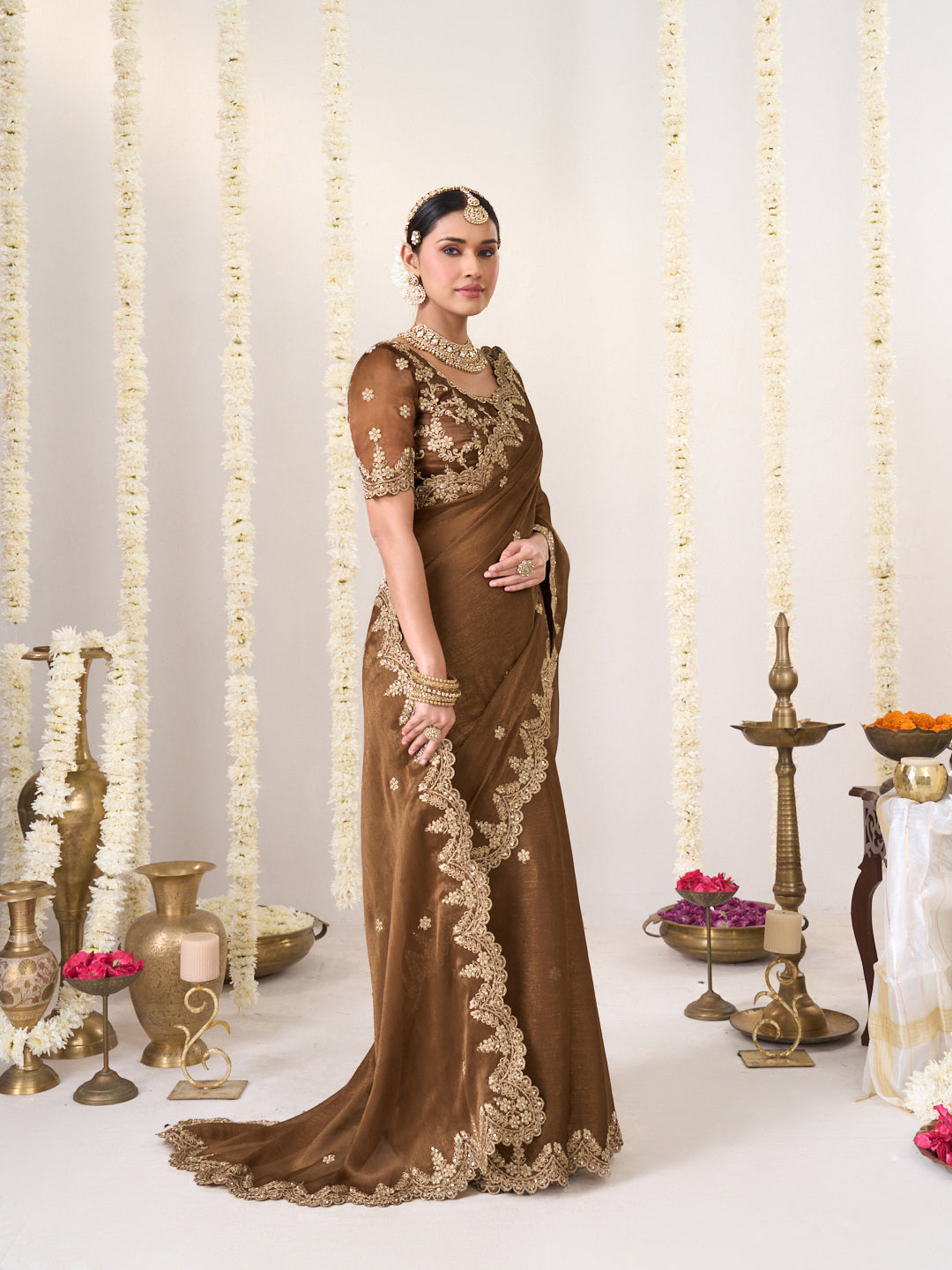 Laxmipati Shatranj Brown Chiffon Floral Embroidered Saree