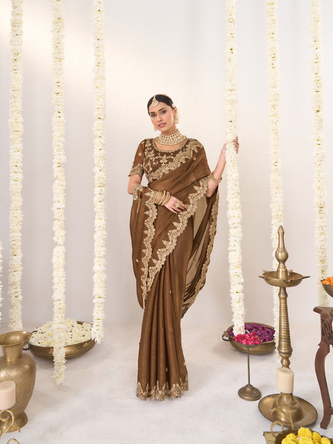 Laxmipati Shatranj Brown Chiffon Floral Embroidered Saree