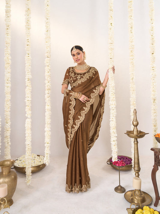 Laxmipati Shatranj Brown Chiffon Floral Embroidered Saree