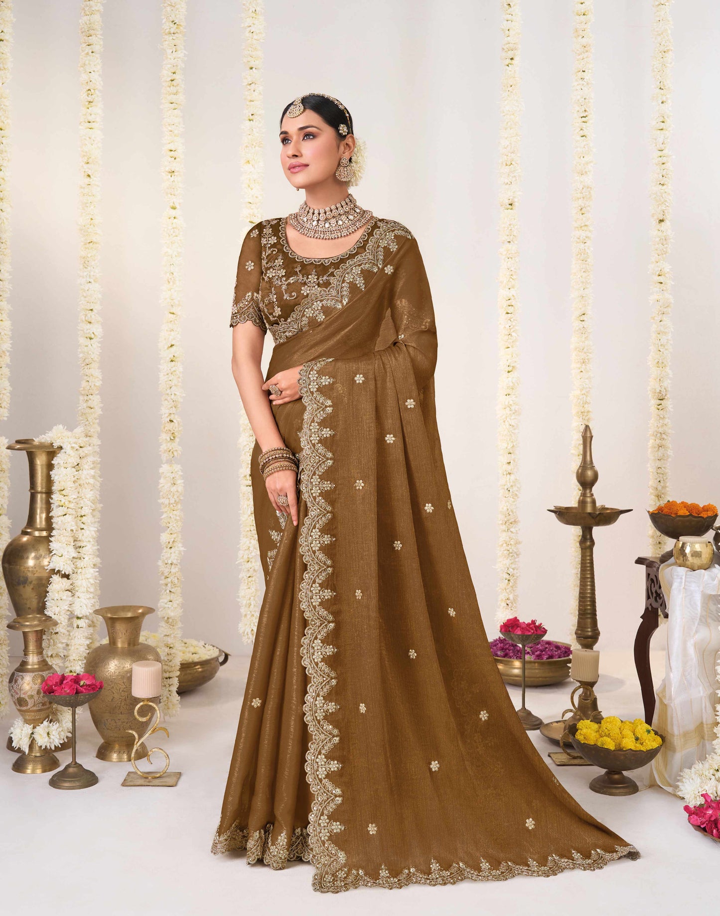 Laxmipati Shatranj Brown Chiffon Floral Embroidered Saree