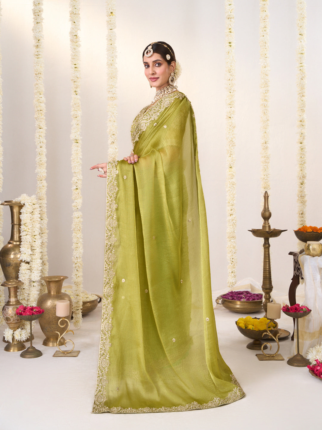 Laxmipati Shatranj Green Chiffon Floral Embroidered Saree