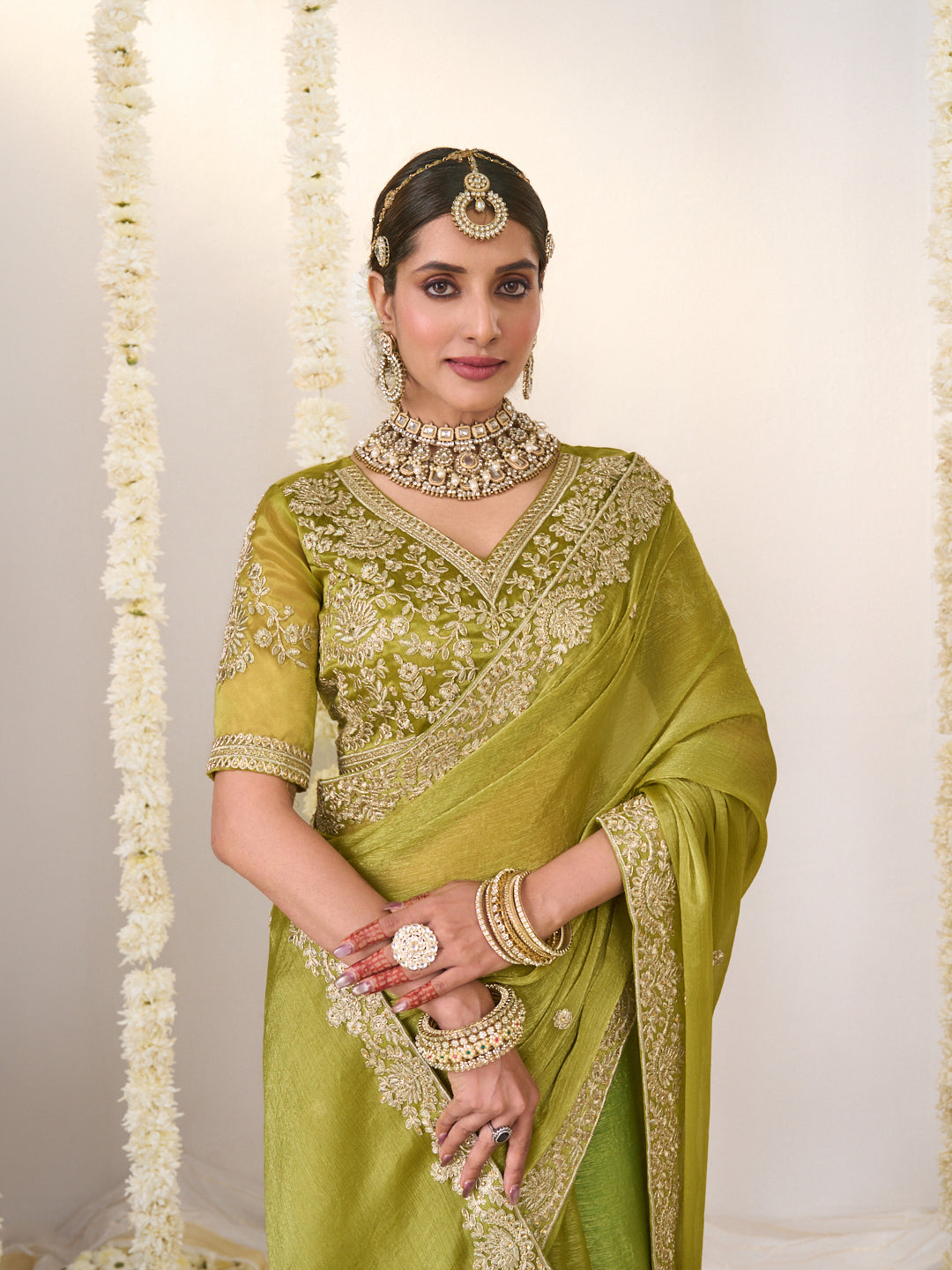 Laxmipati Shatranj Green Chiffon Floral Embroidered Saree