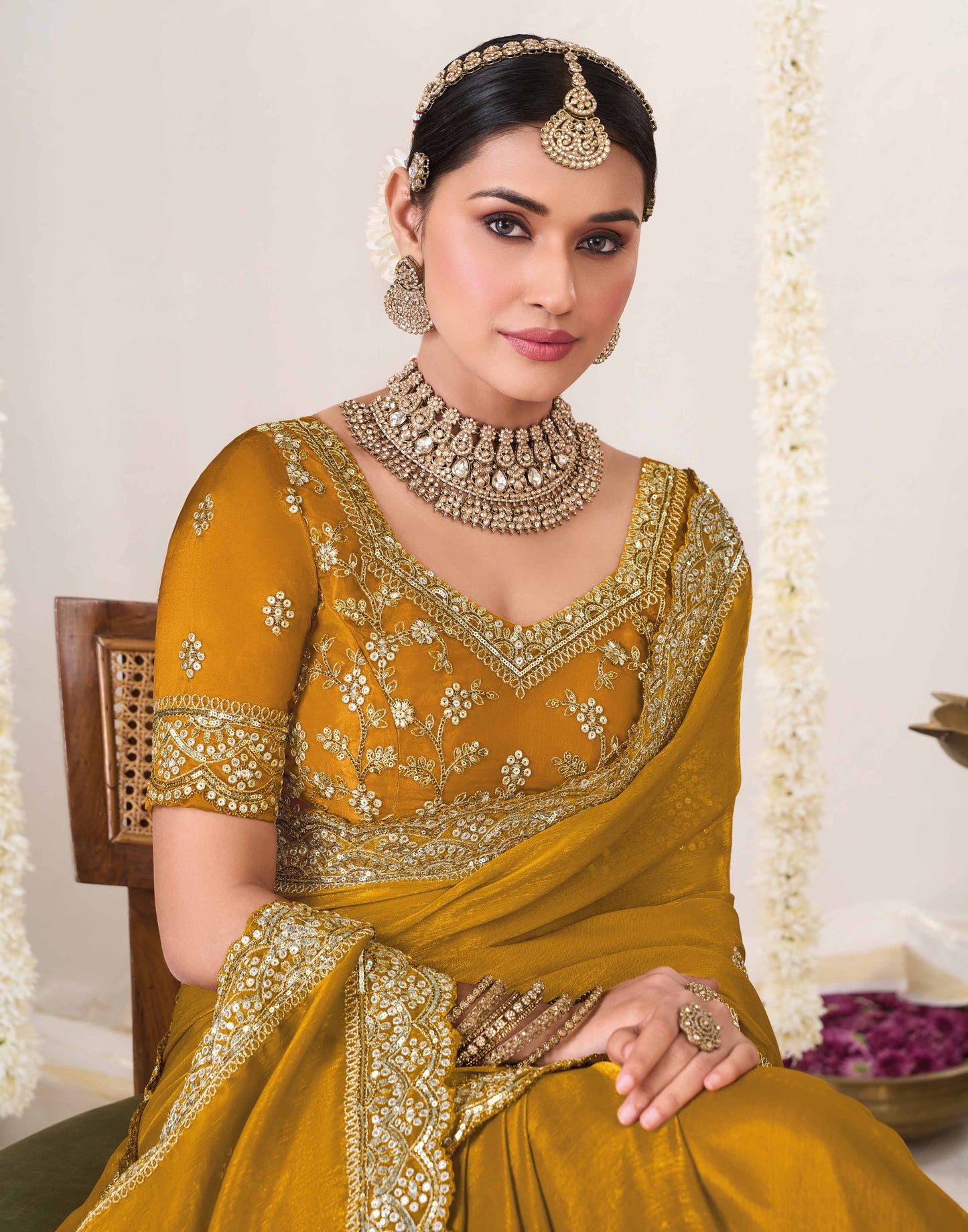 Laxmipati Shatranj Golden Brown Chiffon Floral Embroidered Saree