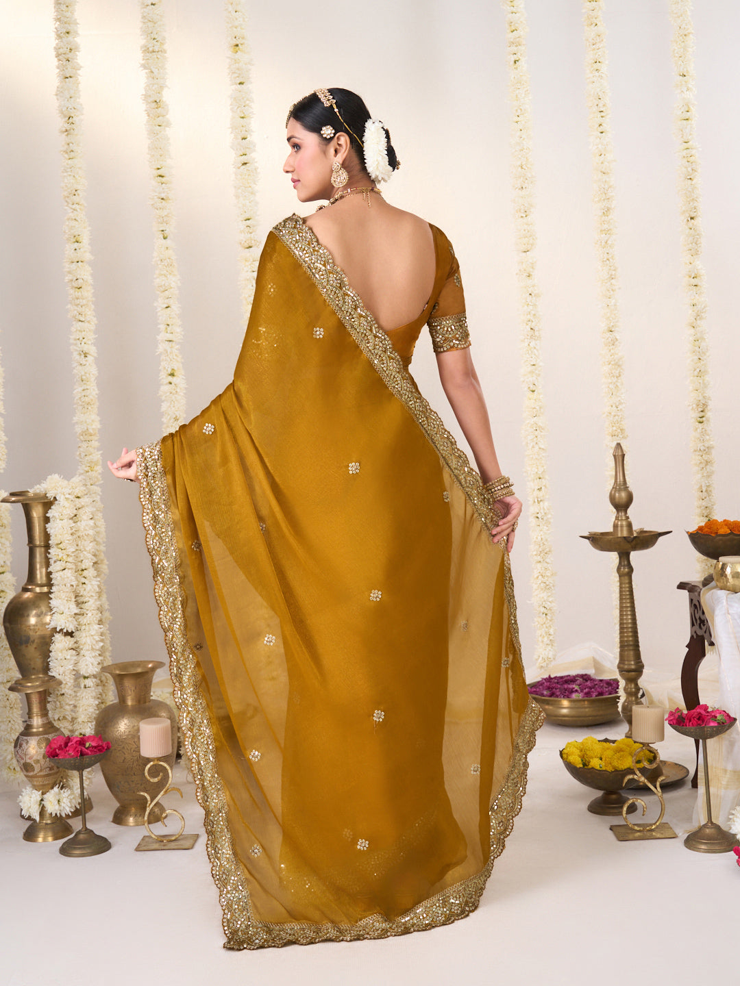 Laxmipati Shatranj Golden Brown Chiffon Floral Embroidered Saree