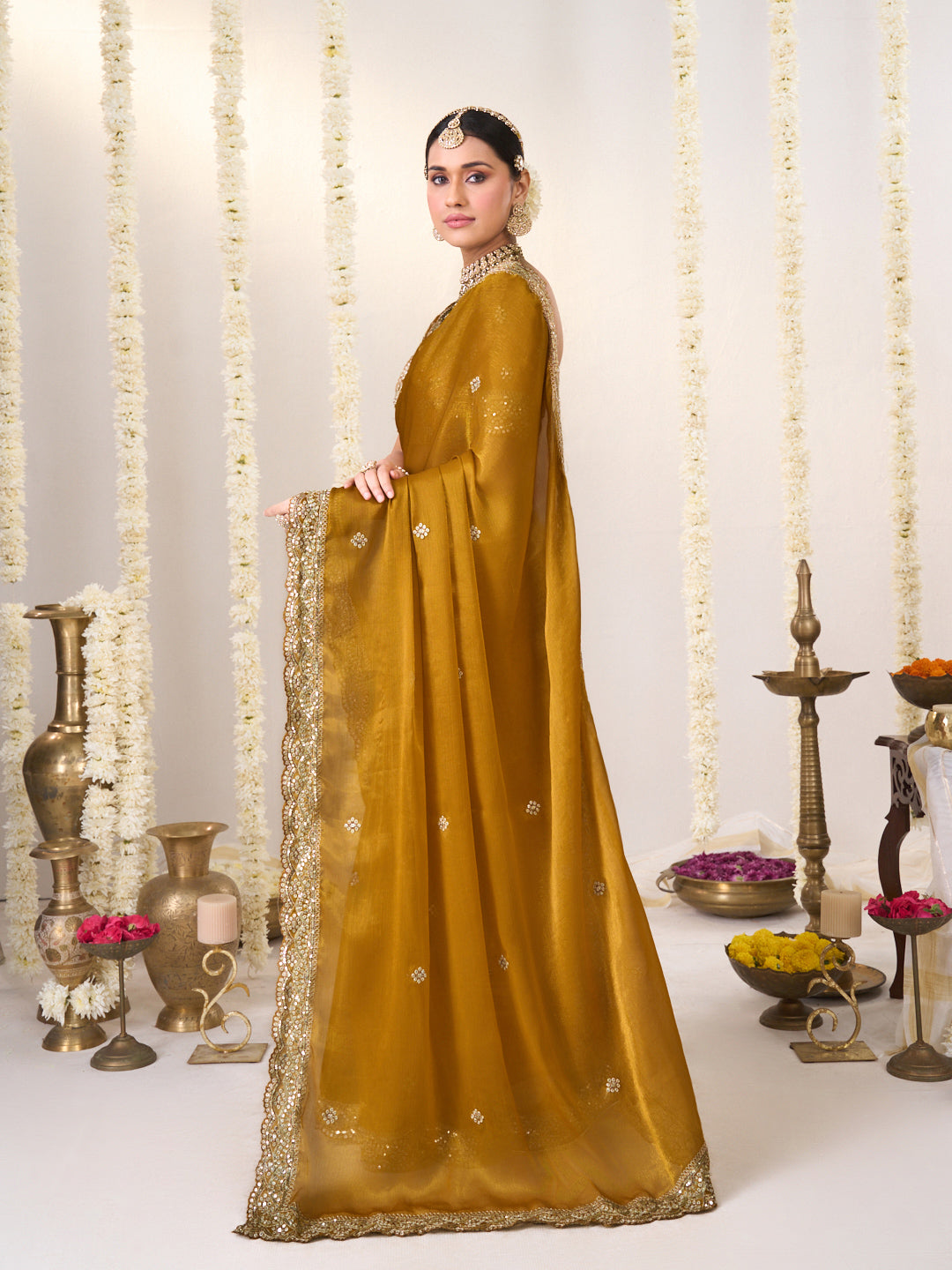 Laxmipati Shatranj Golden Brown Chiffon Floral Embroidered Saree