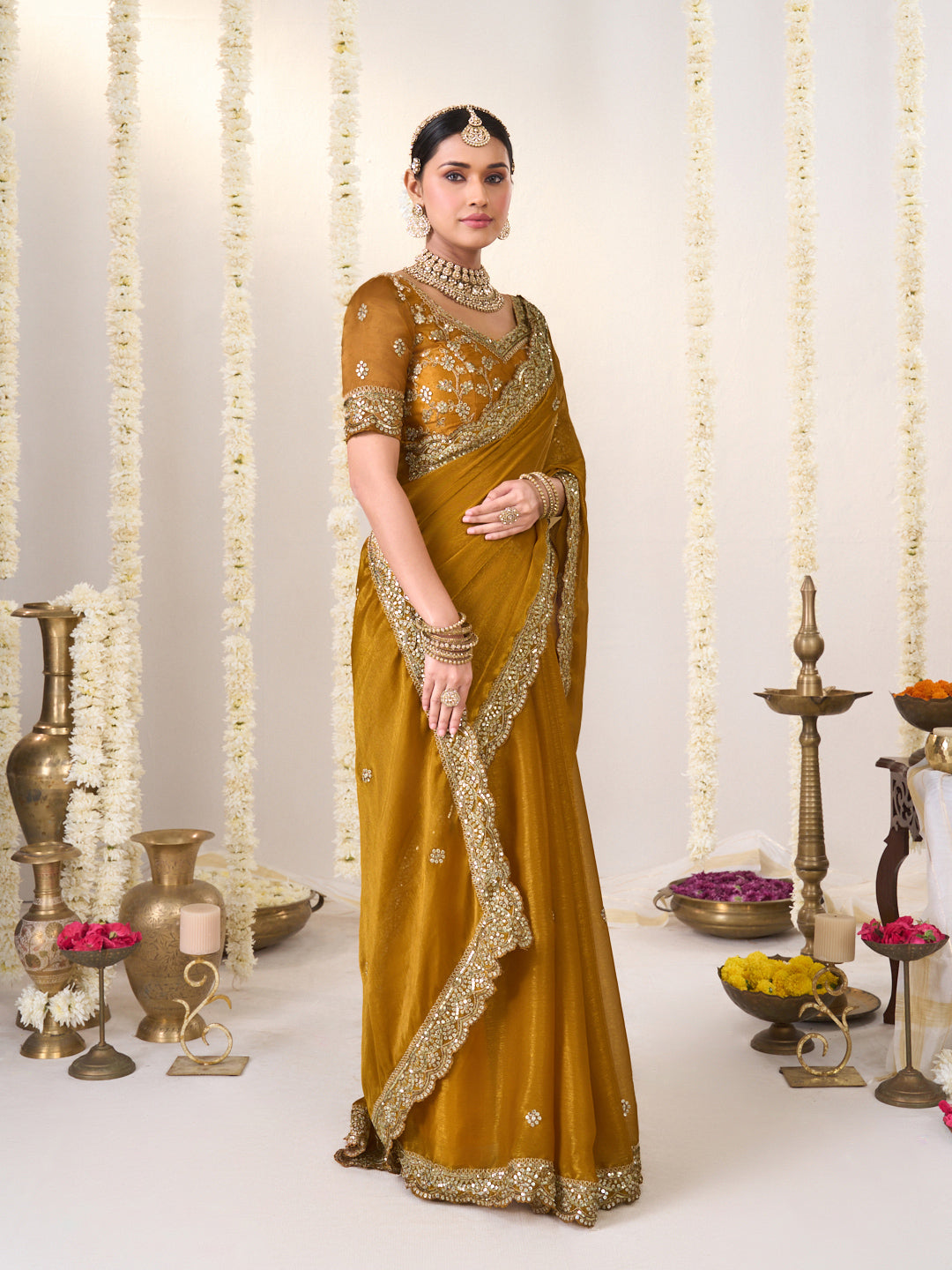Laxmipati Shatranj Golden Brown Chiffon Floral Embroidered Saree
